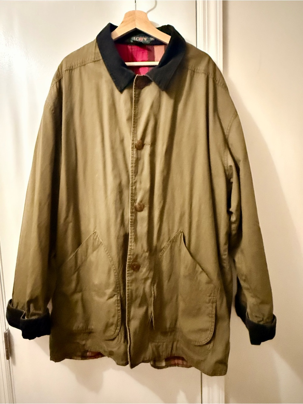 Men's Vintage (oarsmen tag) J.Crew Barn Jacket. Olive Green w/Blk corduroy trim